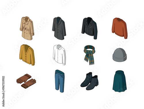 Collection of isometric autumn clothing and accessories for men and women