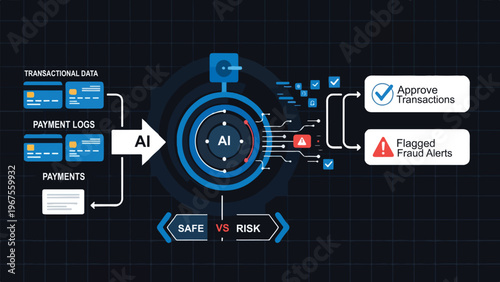 AI Fraud Detection System: Infographic showing Artificial Intelligence Analyzing Transactional Data and Payment Logs for Financial Security and Real-Time Risk Assessment