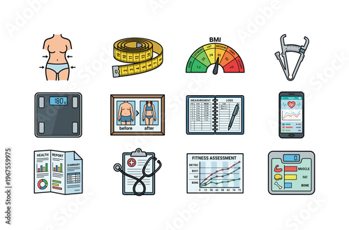 Health and fitness monitoring icons for weight loss and body composition tracking