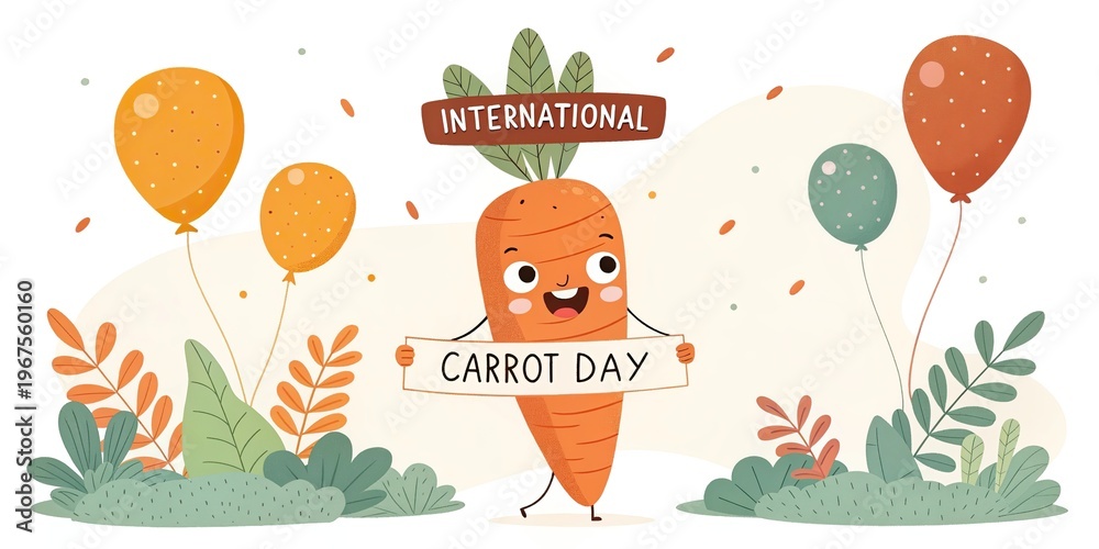Fototapeta premium International carrot day banner with cartoon vegetables and leaves healthy food concept