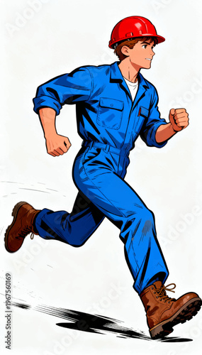 A vector cartoon illustration depicting a fast-running worker in a blue construction suit and an orange hard hat.