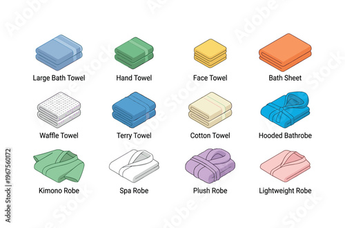 Collection of folded towels and robes in various colors and styles