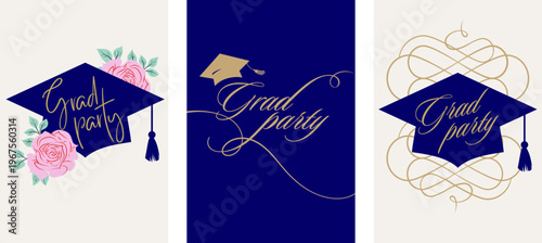 Class of 2026 elegant blue, pink and gold graduation party celebration vertical invitations 