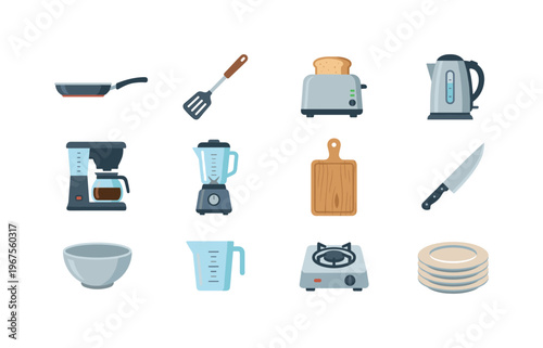 Collection of essential kitchen appliances and cooking utensils for meal preparation