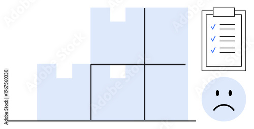 Logistics issues. Logistics challenges with boxes, a checklist tasks, and a sad face to reflect dissatisfaction. Logistics in supply chain analysis, warehousing operations, freight challenges