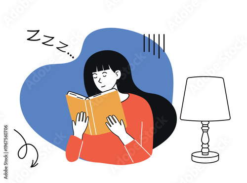 Boring book. Girl fell asleep with open book. Doodle vector illustration. Suitable for fatigue, boredom, and study-related