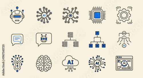 Artificial Intelligence Line Icons: Robot Brain Cloud Chip Processors Set