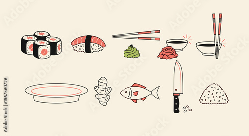 Minimalist Japanese Cuisine Elements: Sushi Utensils and Fresh Ingredients Art