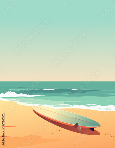  Tabla de surf sobre arena con olas del mar y cielo limpio.
