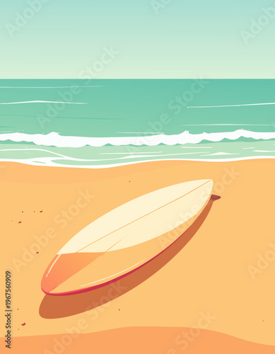  Tabla de surf en la arena cerca del mar en escena veraniega tranquila.
