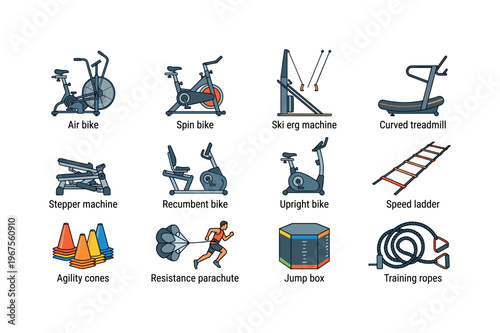 Collection of diverse fitness equipment for cardio and strength training workouts