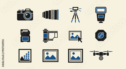 Illustration of Photography Related Icons: Camera Lens Tripod Flash Storage Media