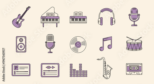 Collection of music equipment and audio device icons for entertainment themes