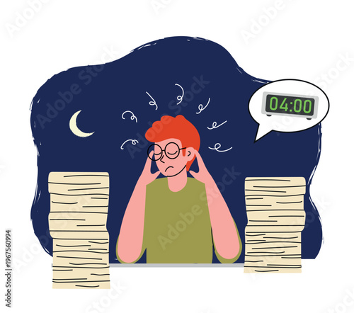 Young man in glasses stayed at work until morning with huge amount of documents. Doodle vector illustration. Overtime, deadline