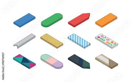Collection of diverse isometric bookmarks with various patterns and colors