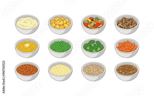 Collection of twelve different bowls filled with various side dishes and vegetables