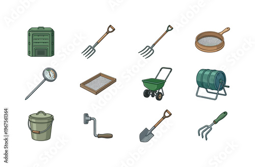 Collection of gardening tools for composting and soil preparation