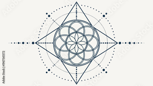 A geometric design featuring a flower of life pattern surrounded by intricate lines and dots on a white background