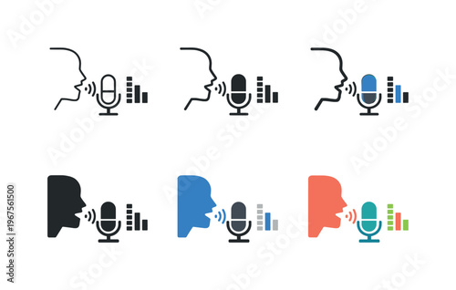 Digital voice recognition icon showing a person speaking into a microphone with sound waves and audio indicators for speech