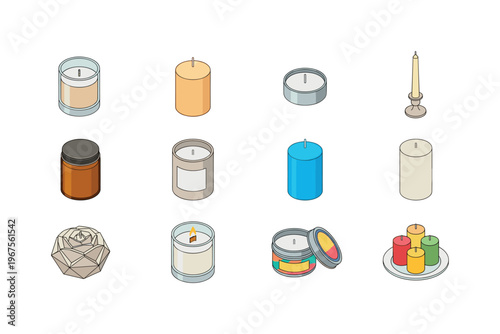 Collection of various isometric candles and candle holders on a white background