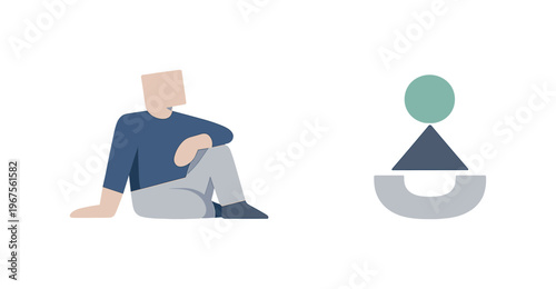 Person resting in an open white field with one resolved abstract symbol nearby, presenting deliberate reasoning as calm clarity.