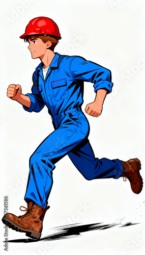 A vector cartoon illustration depicting a fast-running worker in a blue construction suit and an orange hard hat.
