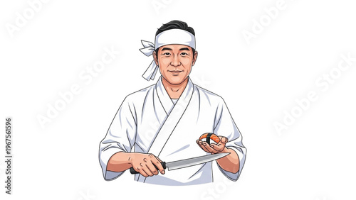 Sushi Day Chef Cutting Salmon Nigiri with Nori Strip Illustration