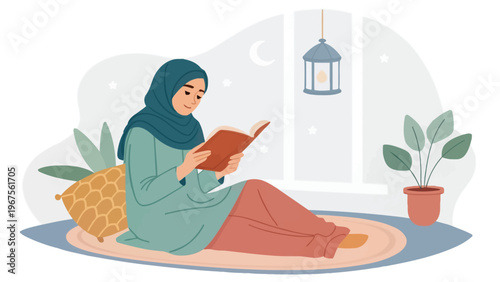 A woman wearing a hijab sits comfortably on a rug reading a book in a serene indoor setting with a plant and lantern.