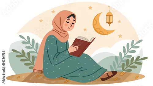 A serene woman wearing a hijab sits peacefully reading a book under a crescent moon