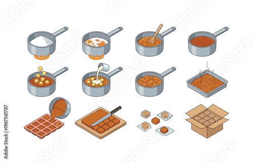 Step-by-step illustration of making caramel candy from scratch in a kitchen setting