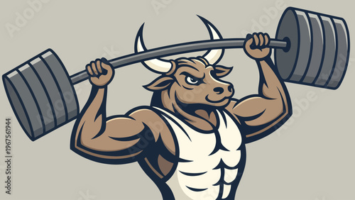 A muscular cartoon bull lifting a heavy barbell in a powerful pose