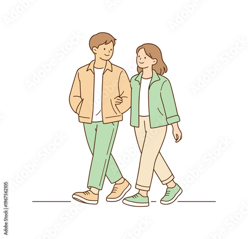 Man woman spring stroll walking side by side with relaxed smiles and light jackets, minimalist flat vector illustration with thin