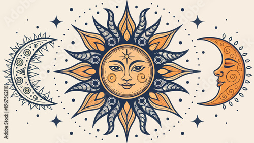 A vibrant illustration of the sun and moon in a celestial design