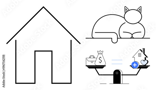 Real estate theme. Real estate ed by house outline and financial balance. Real estate investment by money and scale. For property, finance, investment, homebuying, wealth
