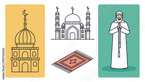 A collection of Islamic icons including a mosque, prayer mat, and a man in traditional attire