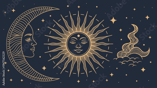 A celestial illustration of the sun and moon in a starry night sky with golden lines and a dark blue background