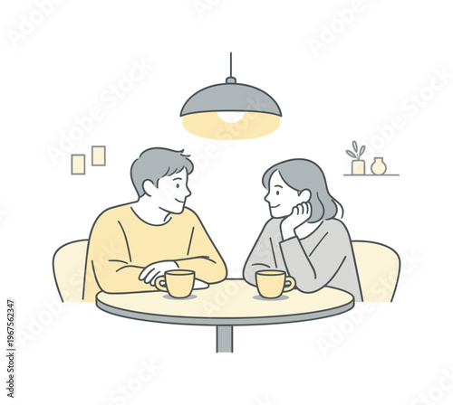 Couple sitting cafe table in an evening scene and enjoying shared time together, calm expressions and balanced composition,