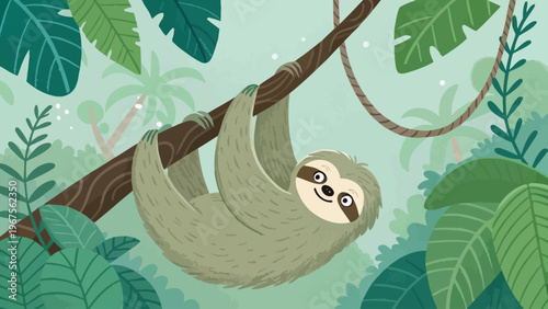 A cartoon sloth hangs from a tree branch in a lush jungle environment with tropical leaves and a serene atmosphere.