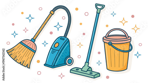 A colorful illustration of cleaning tools and supplies on a white background with sparkles