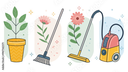 A colorful illustration of cleaning tools and plants on a white background