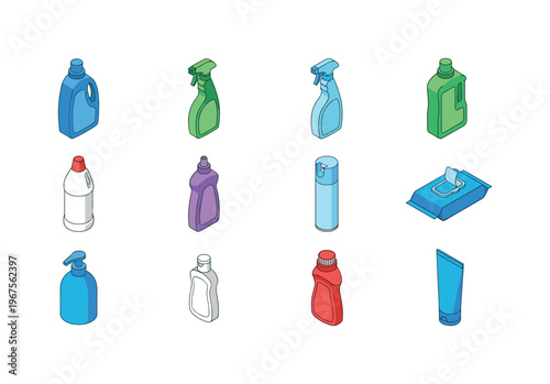 Collection of isometric cleaning product bottles and wipes for household chores
