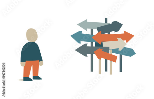 Individual facing overlapping path markers that blur direction, reflecting uncertainty in career shaping. Stylized editorial