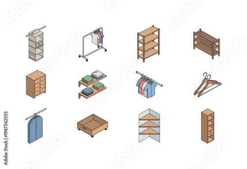 Collection of isometric closet and storage furniture icons for organizing clothes