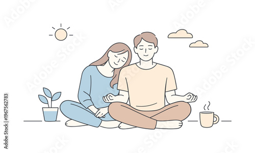 Couple finding harmony in daily life while sitting together quietly, minimalist flat vector illustration with smooth rounded