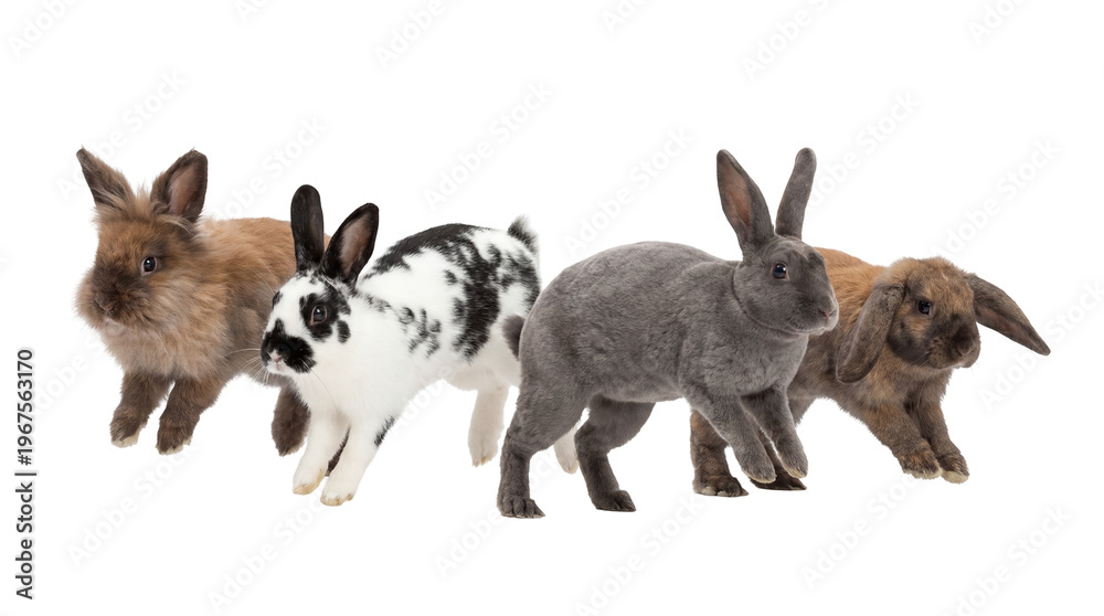 Fototapeta premium Four diverse rabbits including brown black and white and grey, isolated on transparent background