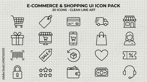 E-commerce and Shopping UI Icon Pack Set in Clean Line Art Style with Online Store, Payment, Delivery, Discount and User Interface Elements for App and Web Design