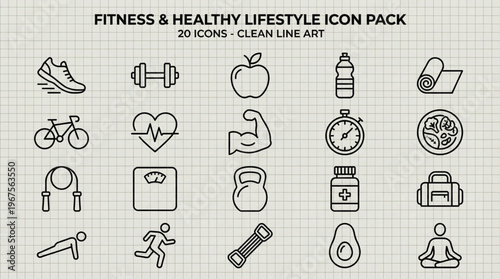 Fitness and Healthy Lifestyle Icon Pack Set in Clean Line Art Style with Workout, Gym, Nutrition, Wellness and Exercise Elements for UI UX Design and App