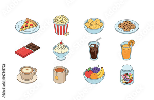 Collection of popular comfort foods and drinks in a fun isometric illustration style