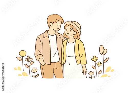 Man woman spring stroll near blooming surroundings, standing close and smiling softly while pausing, minimalist flat vector