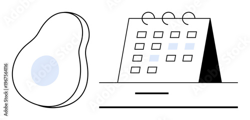 Food planning, time management, scheduling, healthy lifestyle, diet tracking, event organization. Minimalistic avocado and desk calendar illustration. Food planning and time management concept